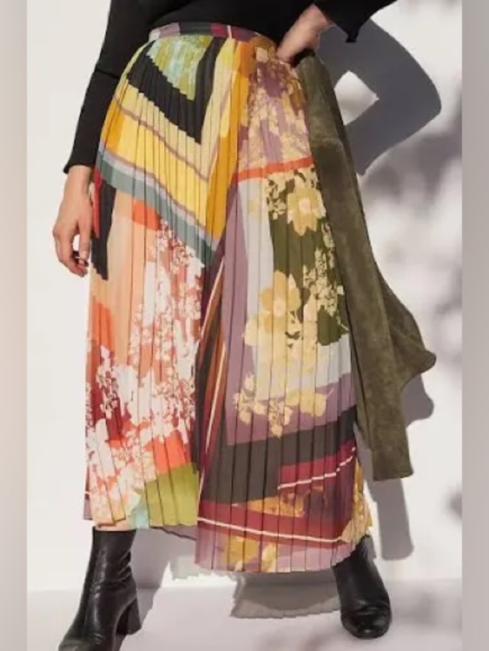 NWT Maeve Anthropologie Pleated Multicolor Floral Panel Maxi Skirt